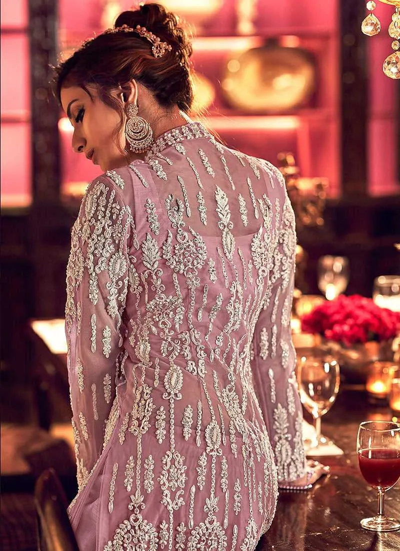 Light Purple Heavy Embroidered High Slit Palazzo Style Suit