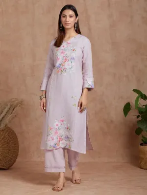 Lilac Breeze Handwoven Linen Kurta With Prints And Cotton Pants