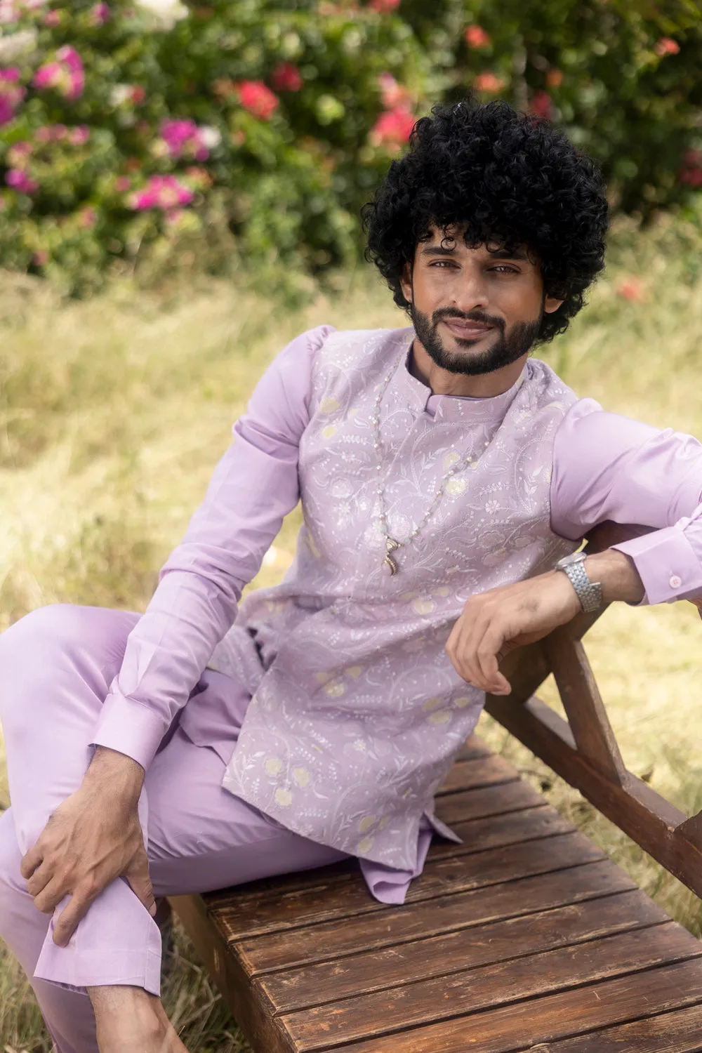 Lilac Organza Embroidered Jacket With Silk Kurta