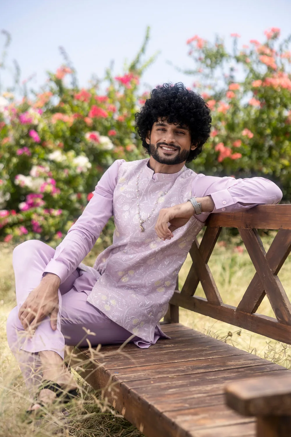 Lilac Organza Embroidered Jacket With Silk Kurta