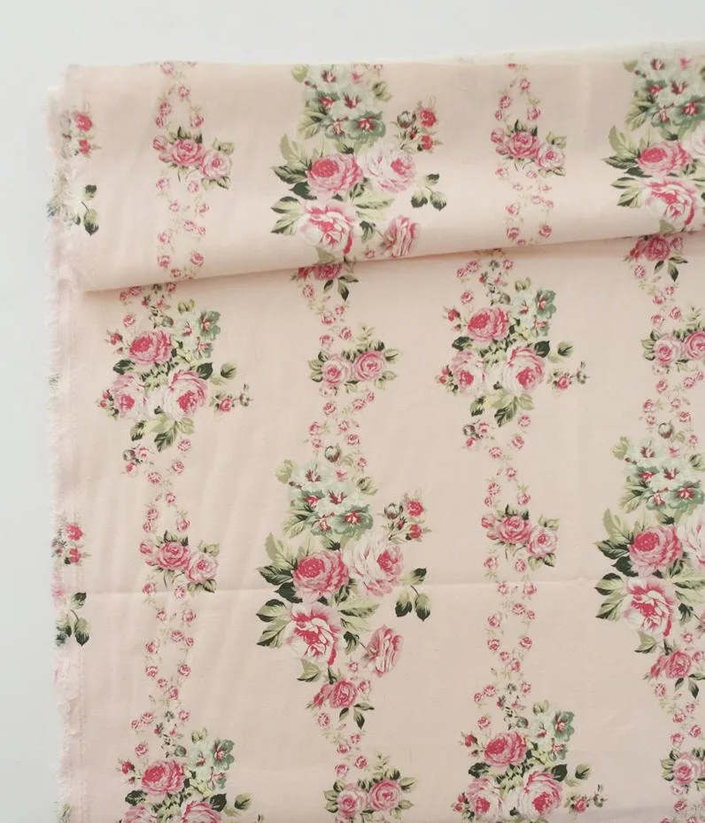 Line Roses Linen Blend Fabric, Cotton Linen, Floral Linen, Quality Korean Fabric - Pink or Blue - By the Yard /61448