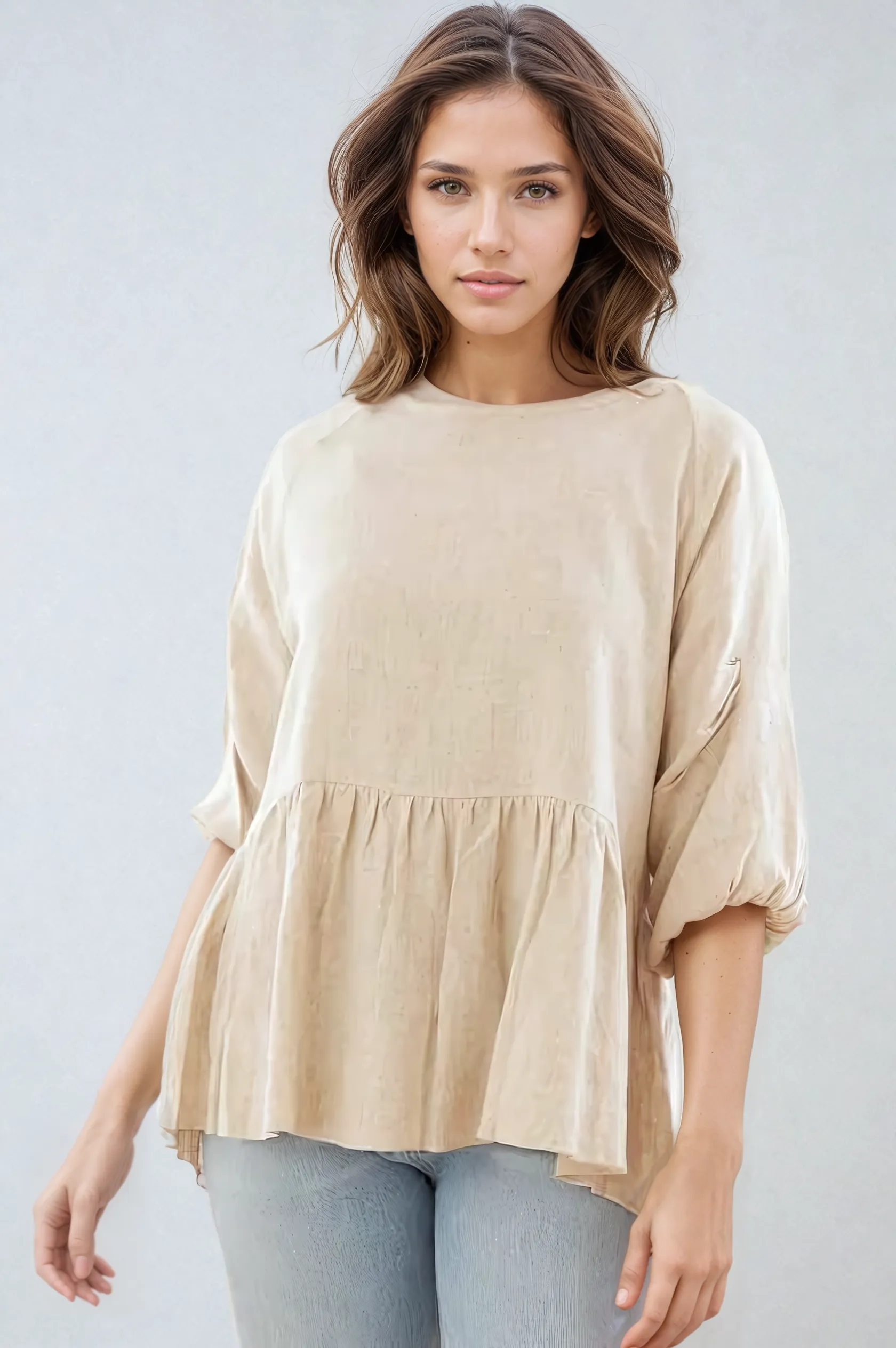 LINEN BLEND PINTUCK TOP IN OATMEAL