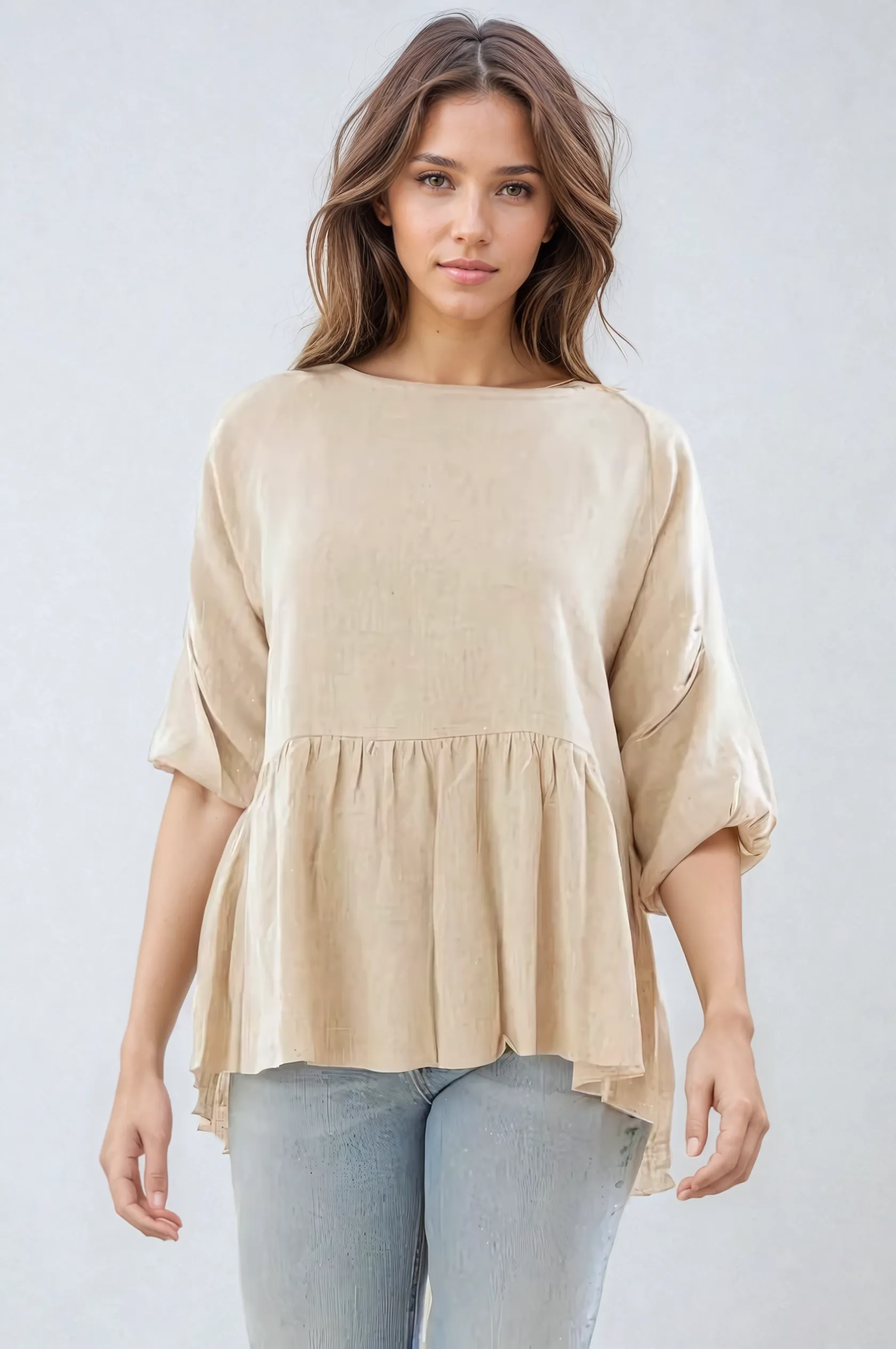 LINEN BLEND PINTUCK TOP IN OATMEAL