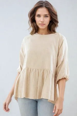 LINEN BLEND PINTUCK TOP IN OATMEAL