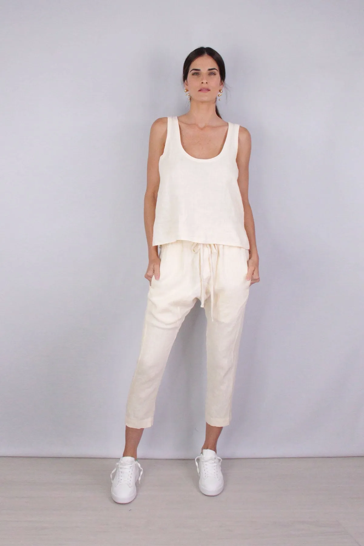 Linen Drawcord Droprise Pant in Natural