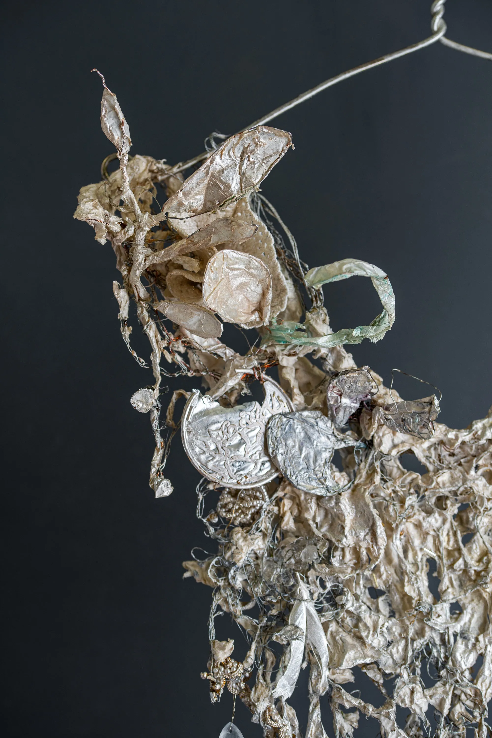 Long Wire Dress Sculpture With White Botanical Elements ~ Nubes Fibra (Fiber Cloud)