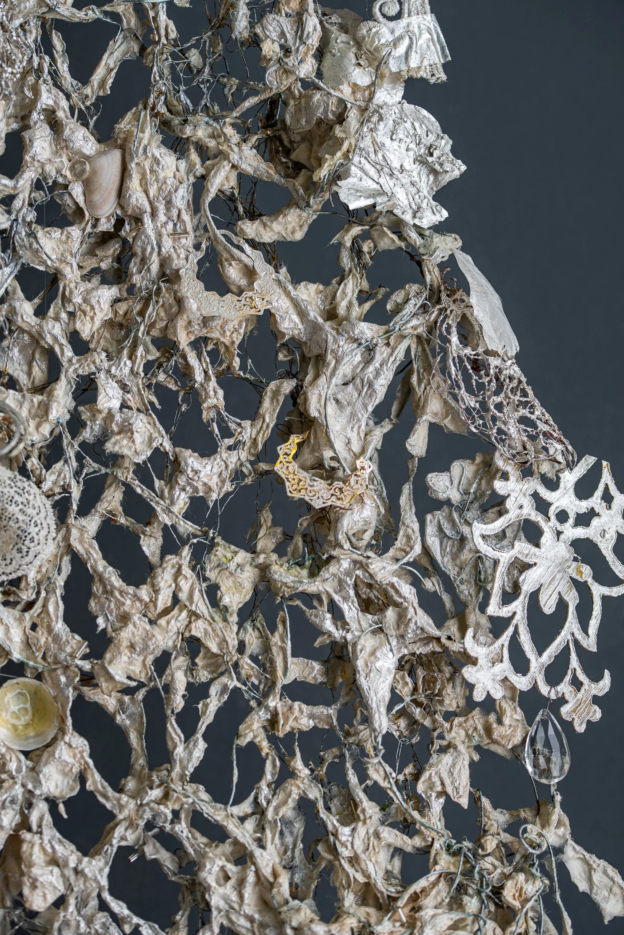 Long Wire Dress Sculpture With White Botanical Elements ~ Nubes Fibra (Fiber Cloud)