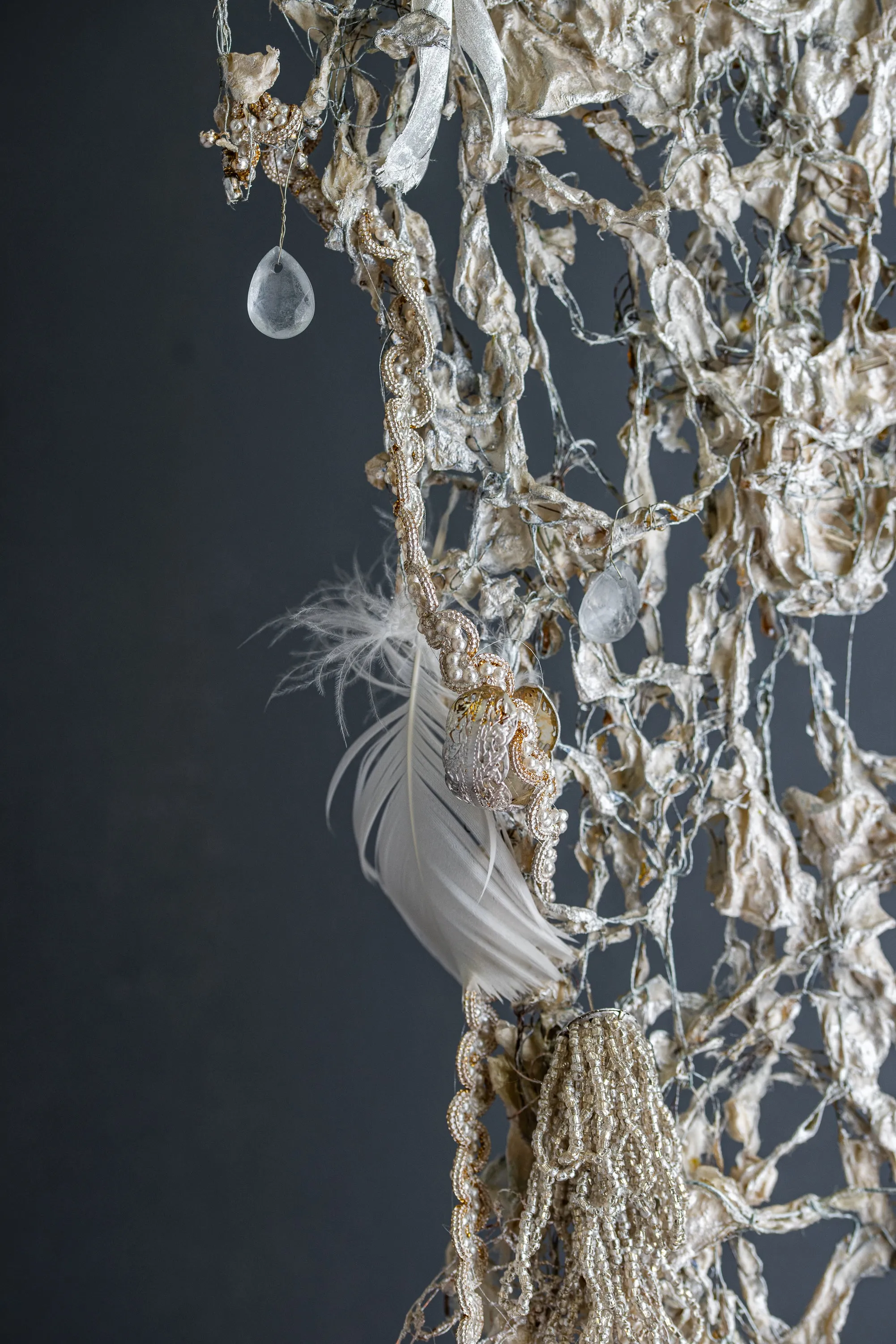 Long Wire Dress Sculpture With White Botanical Elements ~ Nubes Fibra (Fiber Cloud)