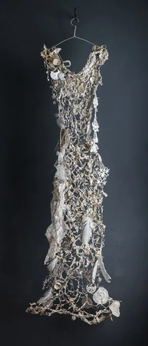 Long Wire Dress Sculpture With White Botanical Elements ~ Nubes Fibra (Fiber Cloud)