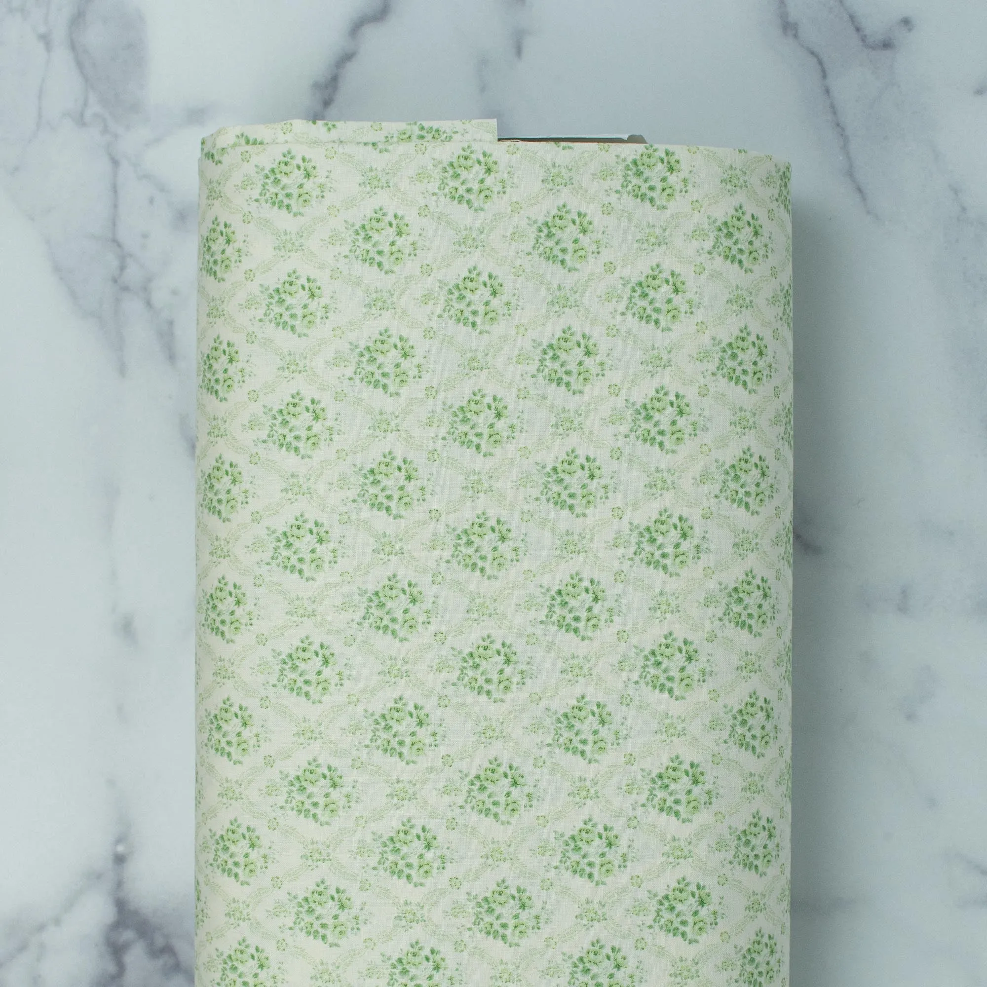 Love at First Sight Collection - Romantic Floral Lattice - Green Roses on Natural Linen Color Background