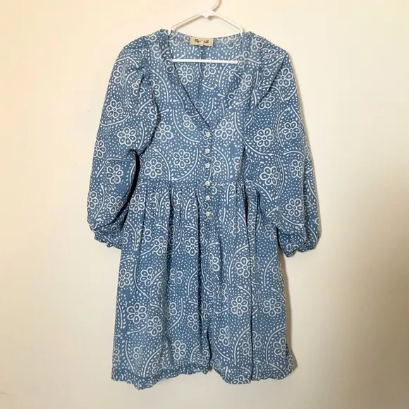 Madewell Bubble-Sleeve Button-Front Mini Dress | Blue | Linen Cotton Blend | M