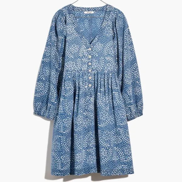 Madewell Bubble-Sleeve Button-Front Mini Dress | Blue | Linen Cotton Blend | M