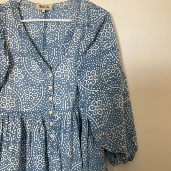 Madewell Bubble-Sleeve Button-Front Mini Dress | Blue | Linen Cotton Blend | M