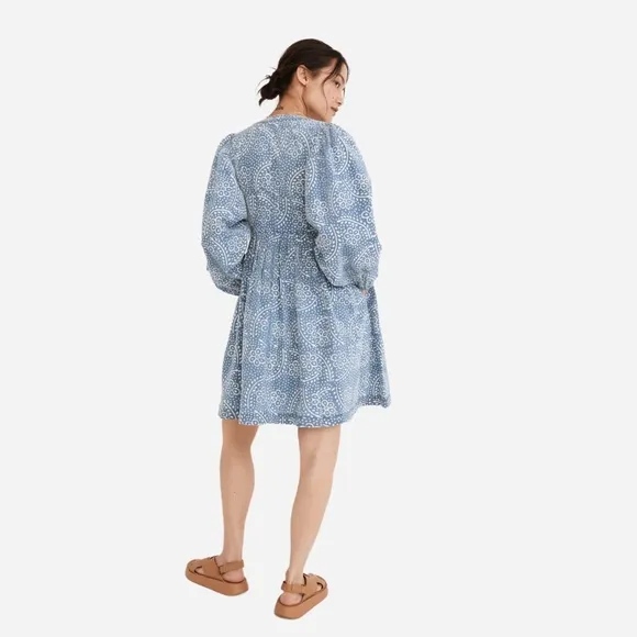 Madewell Bubble-Sleeve Button-Front Mini Dress | Blue | Linen Cotton Blend | M