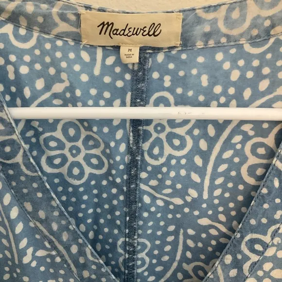 Madewell Bubble-Sleeve Button-Front Mini Dress | Blue | Linen Cotton Blend | M
