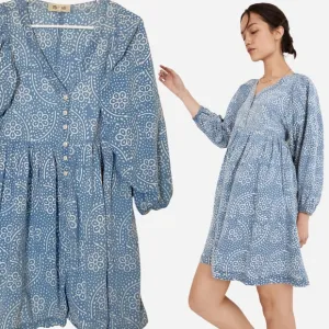 Madewell Bubble-Sleeve Button-Front Mini Dress | Blue | Linen Cotton Blend | M