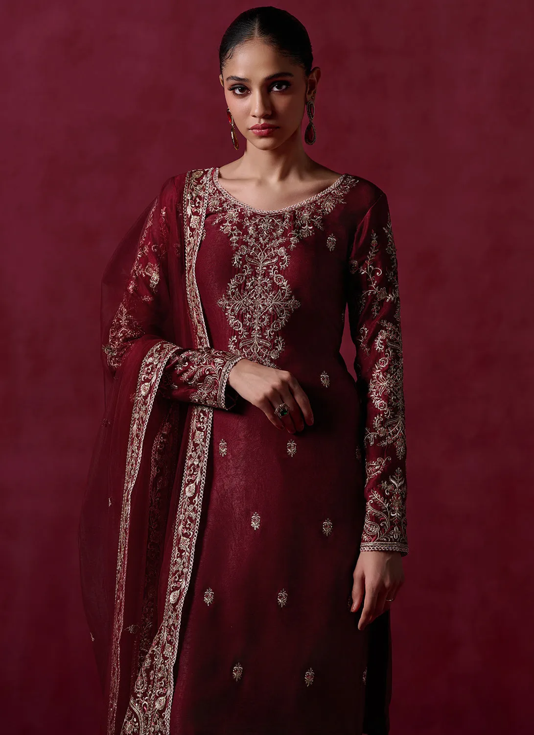 Maroon Embroidered Silk Straight Suit