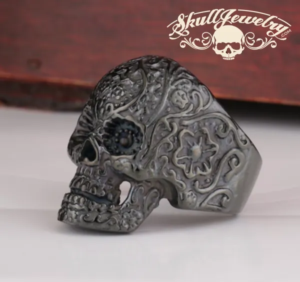 Matte Black Vintage Black Eyes Flower Skull Ring Stainless Steel (#500)