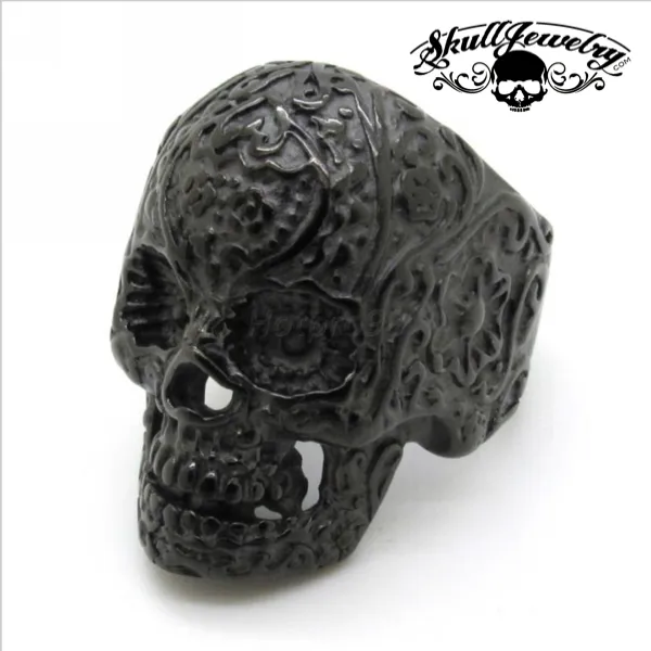 Matte Black Vintage Black Eyes Flower Skull Ring Stainless Steel (#500)