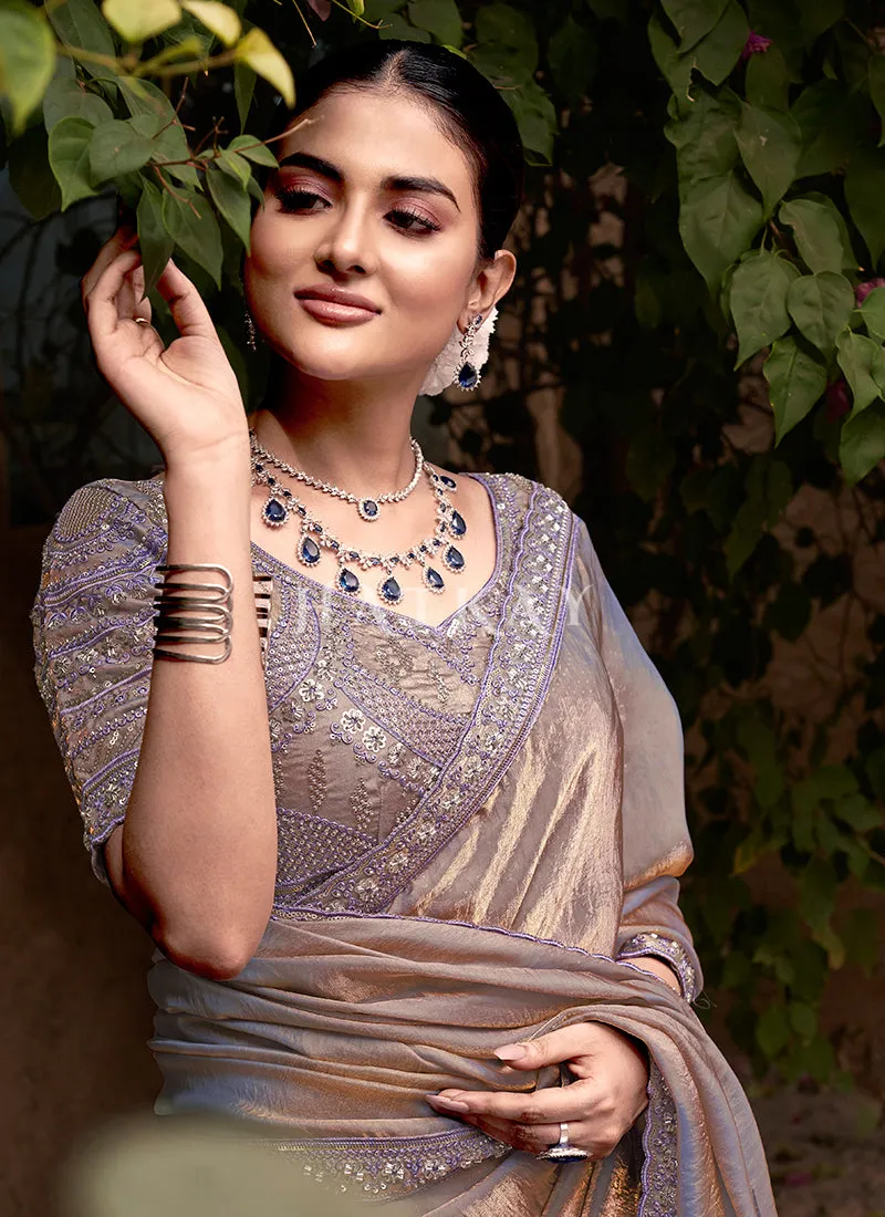 Mauve Handwork Embroidery Satin Silk Saree