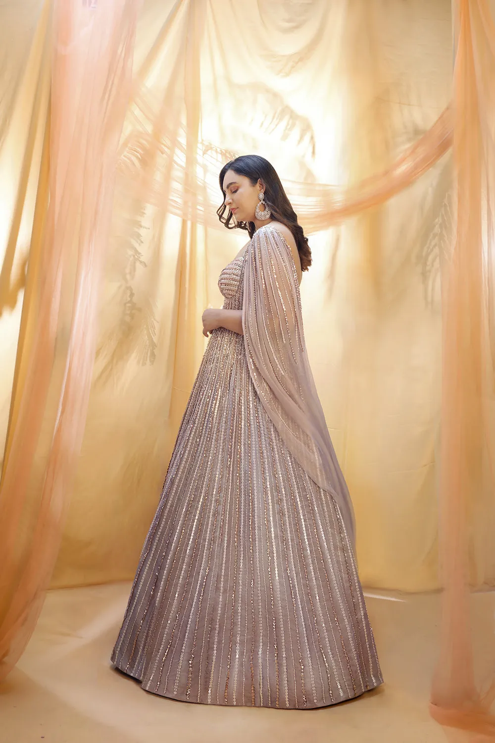 Mauve Lilac Heavy Embridered Drape Gown
