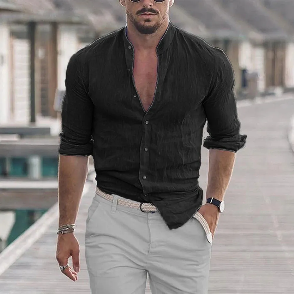 Men's Cotton Linen Shirts Madarin Neck Solid Color Long Sleeve Loose Top Shirt