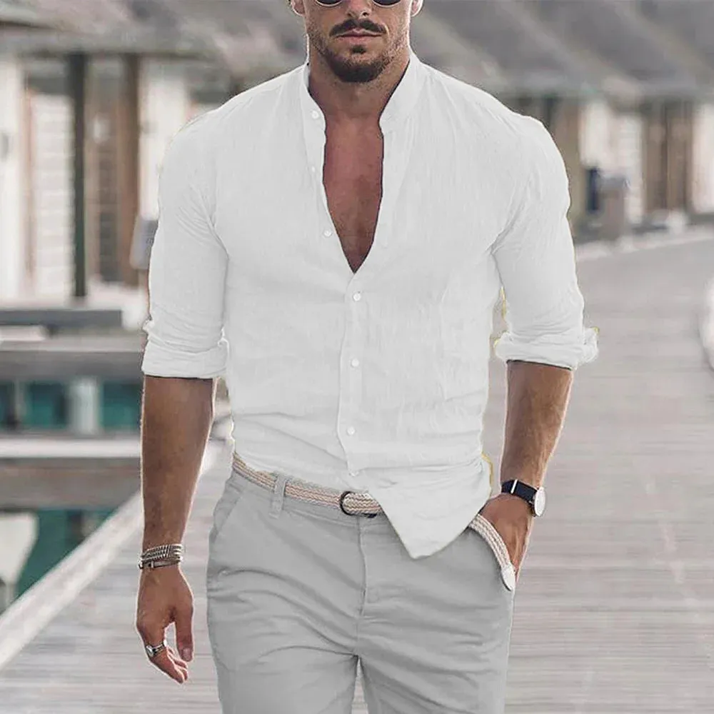 Men's Cotton Linen Shirts Madarin Neck Solid Color Long Sleeve Loose Top Shirt