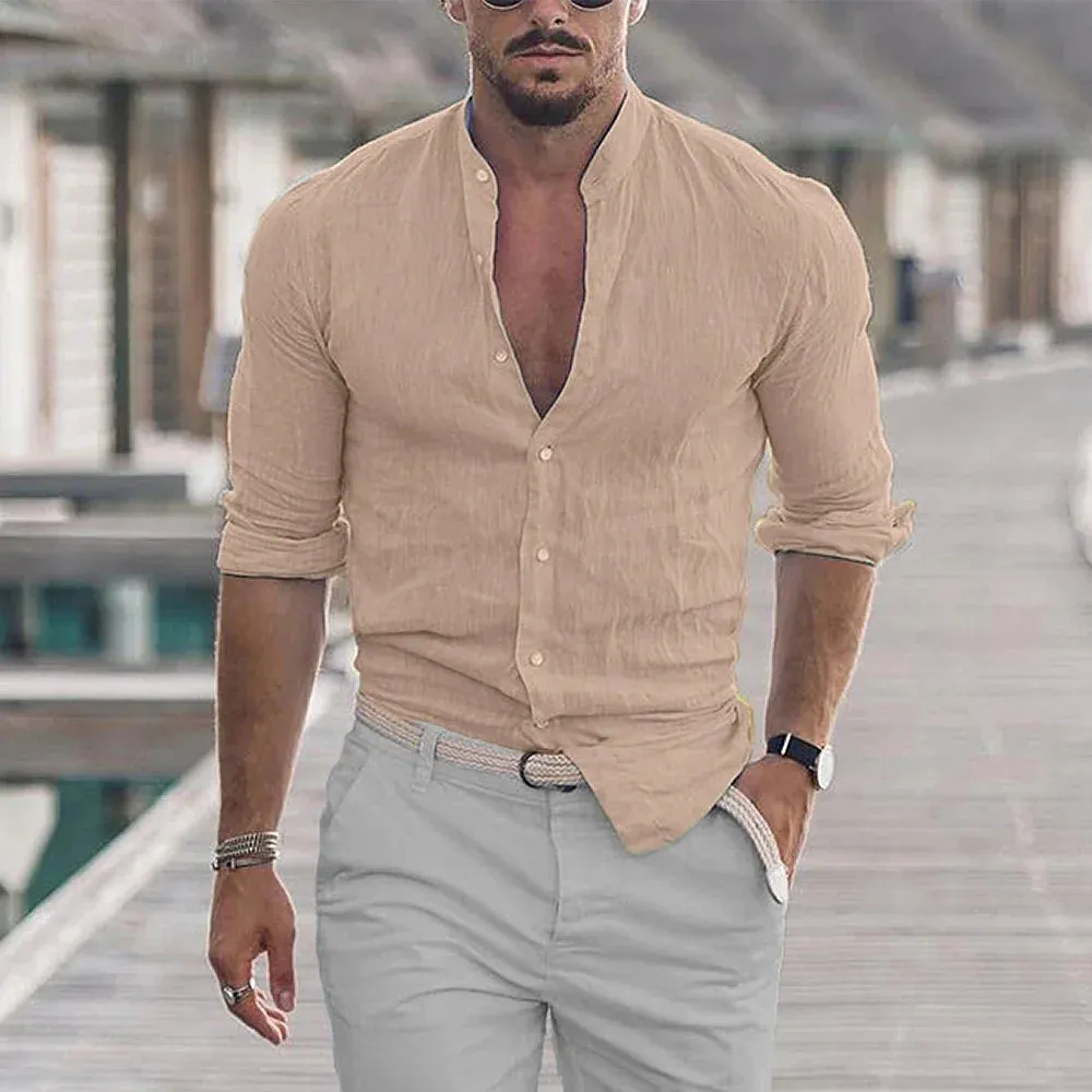 Men's Cotton Linen Shirts Madarin Neck Solid Color Long Sleeve Loose Top Shirt