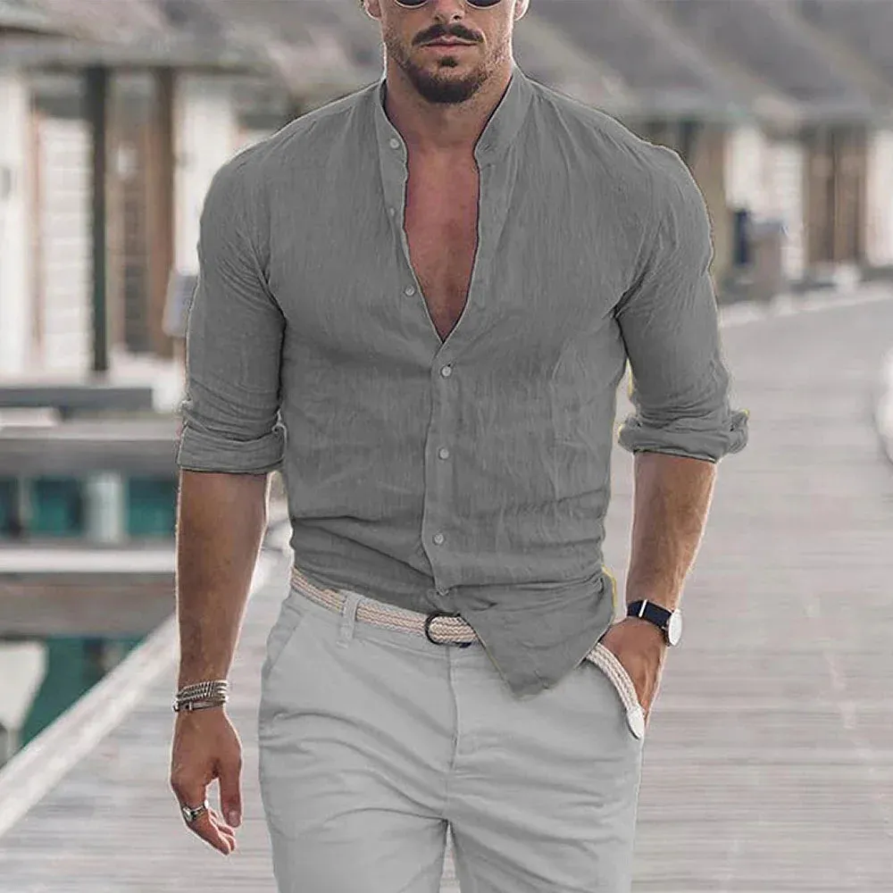 Men's Cotton Linen Shirts Madarin Neck Solid Color Long Sleeve Loose Top Shirt