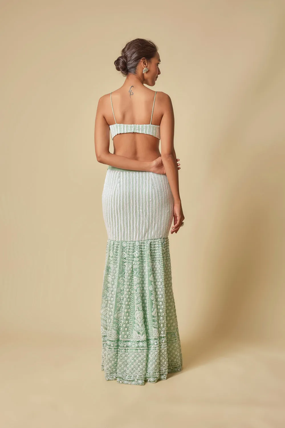 Mint Embroidered Mermaid Skirt With Dupatta And Blouse