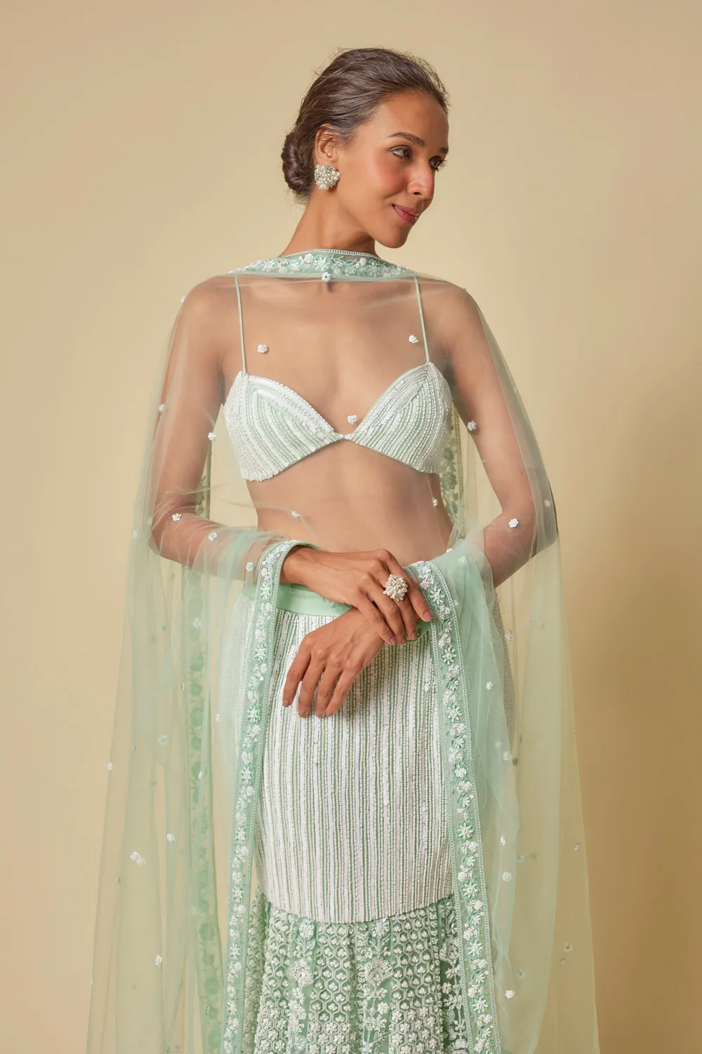 Mint Embroidered Mermaid Skirt With Dupatta And Blouse