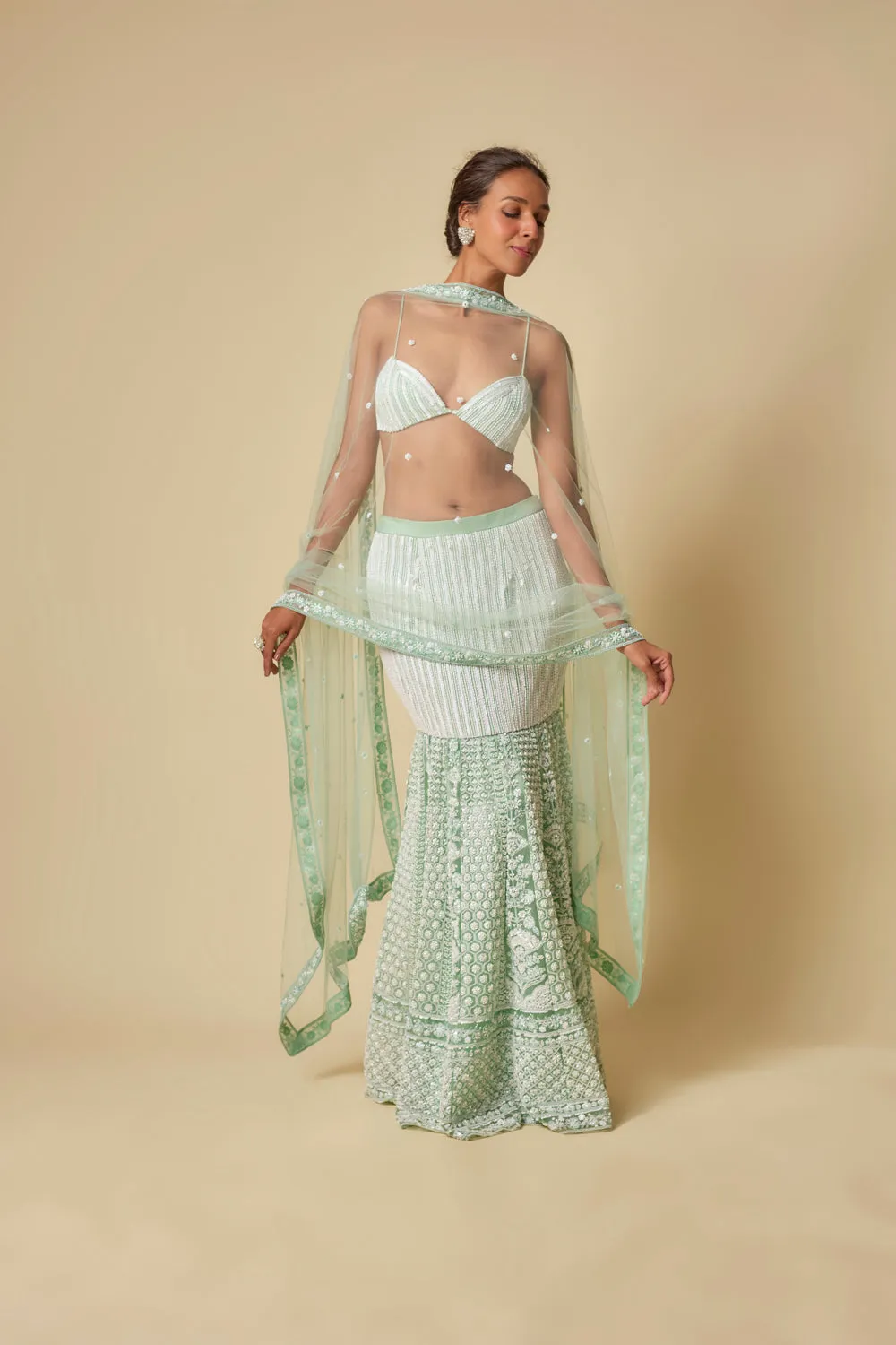 Mint Embroidered Mermaid Skirt With Dupatta And Blouse