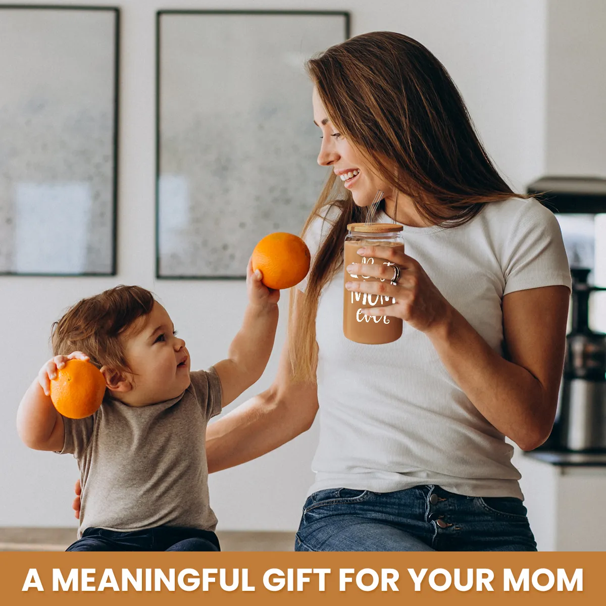 Mom 16 Oz Can Glass Coffee Cup with Bamboo Lid & Straw - Mothers Gift Gifts for from Daughter Son on Birthday Mothers Day Valentines