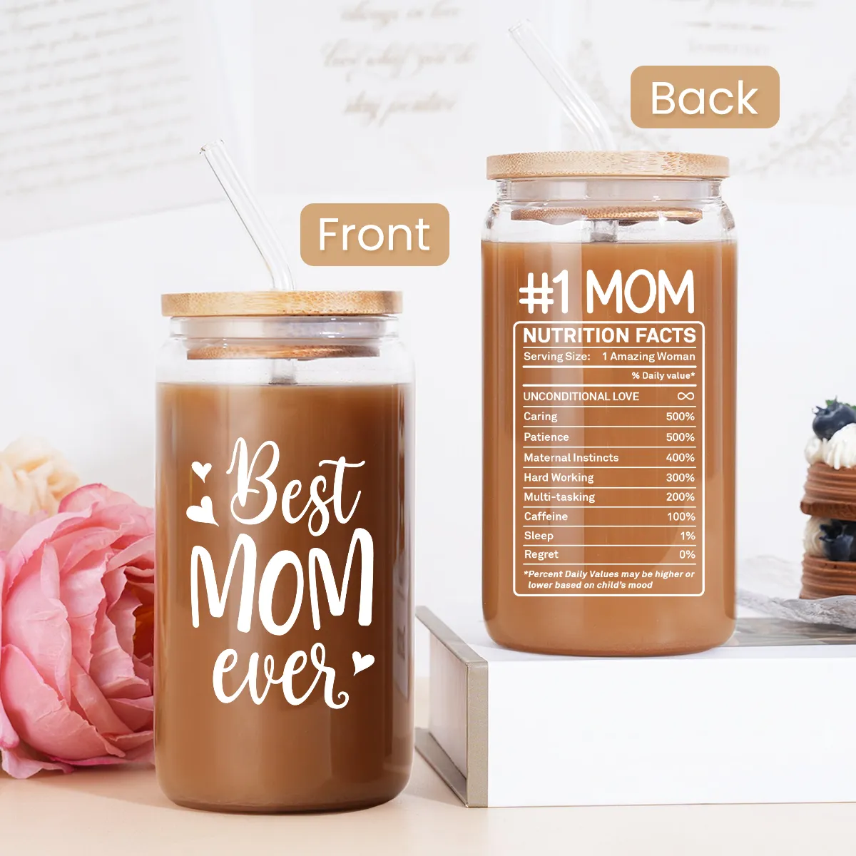 Mom 16 Oz Can Glass Coffee Cup with Bamboo Lid & Straw - Mothers Gift Gifts for from Daughter Son on Birthday Mothers Day Valentines