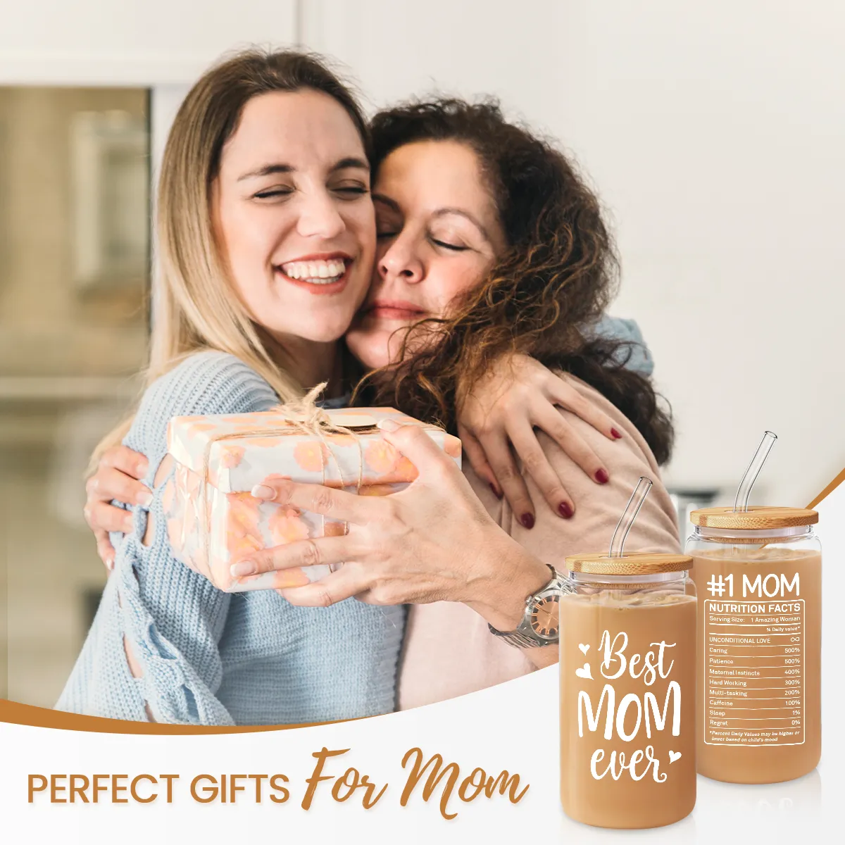 Mom 16 Oz Can Glass Coffee Cup with Bamboo Lid & Straw - Mothers Gift Gifts for from Daughter Son on Birthday Mothers Day Valentines