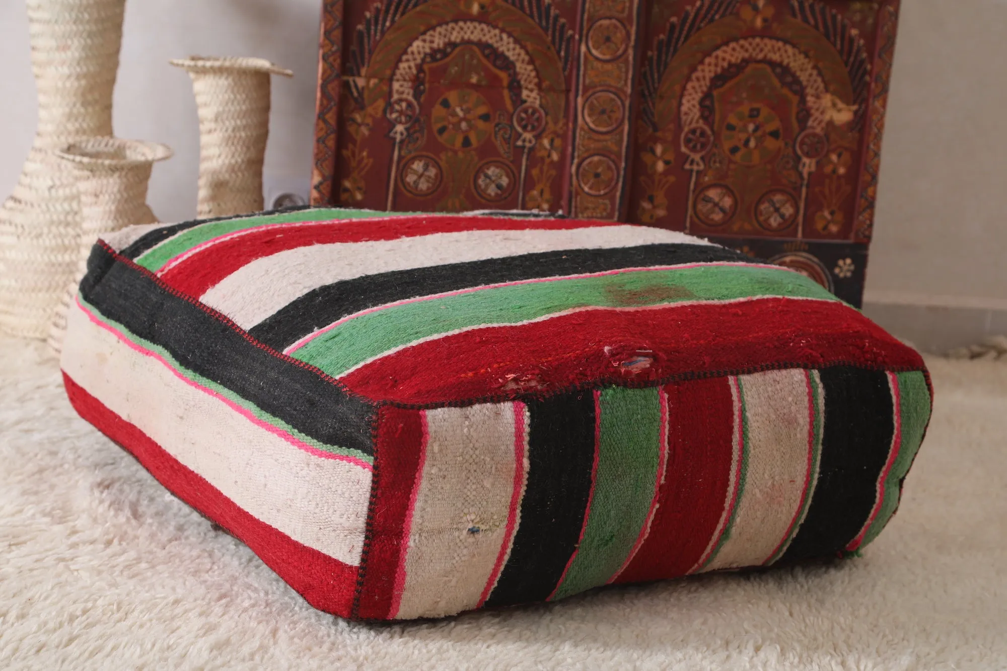 Moroccan handmade ottoman woven rug pouf