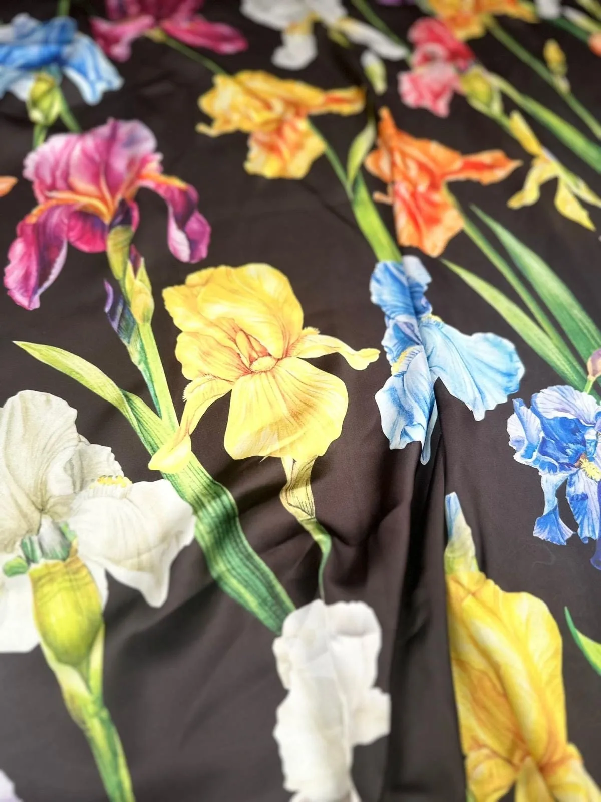 Multicolor Floral Pattern Fabric - Big Flowers on Black Background