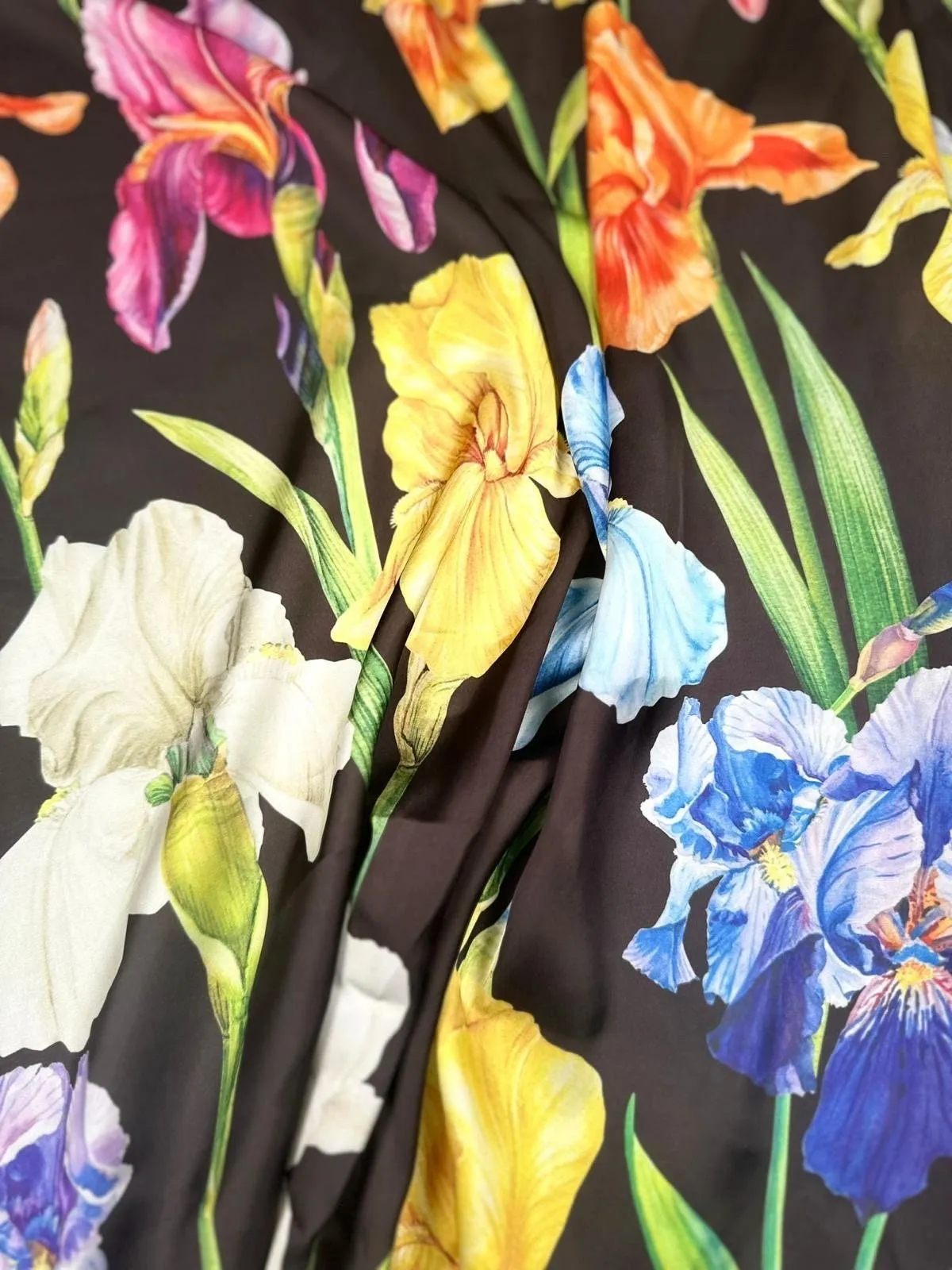 Multicolor Floral Pattern Fabric - Big Flowers on Black Background