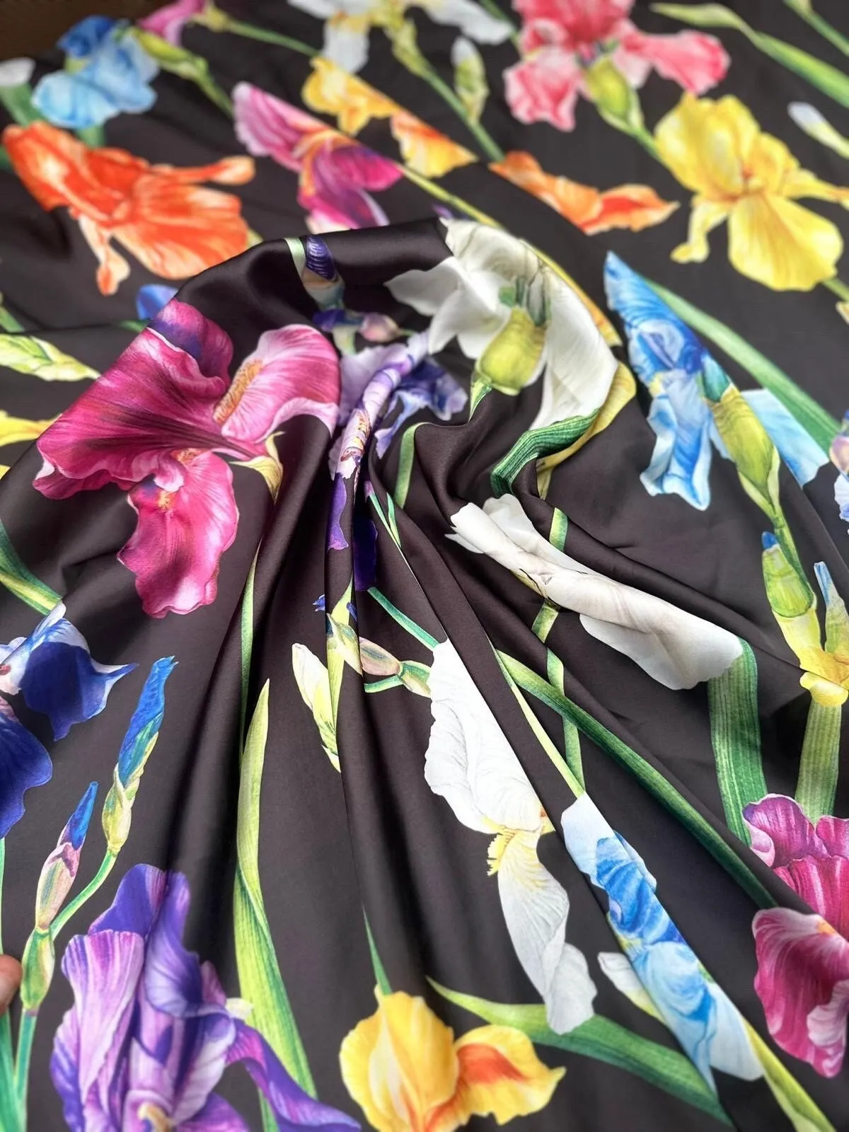 Multicolor Floral Pattern Fabric - Big Flowers on Black Background