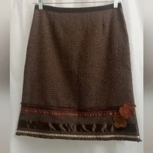Neeshe by D.A.R Brown Tweed Silk/Satin Ribbons Floral Appliqué Fringed Skirt- M