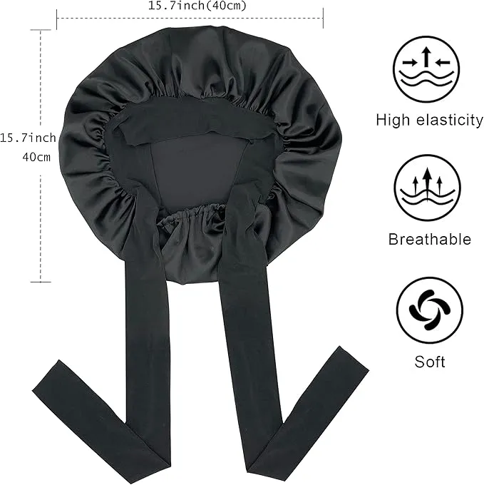 NEW Large Satin Bonnet Silk Bonnet for Sleeping Women, Hair Bonnet for Sleeping with Elastic Tie Band, Hair Cap Night Sleep Caps for Women Curly Braid Hair (Black)