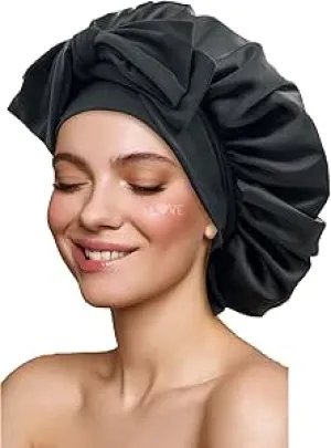 NEW Large Satin Bonnet Silk Bonnet for Sleeping Women, Hair Bonnet for Sleeping with Elastic Tie Band, Hair Cap Night Sleep Caps for Women Curly Braid Hair (Black)