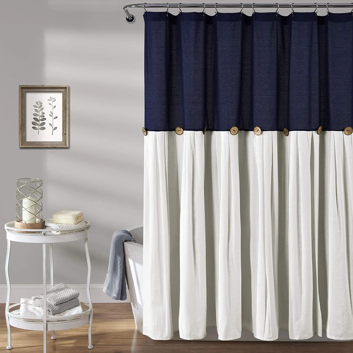 New Lush Decor, Navy & White Linen Button Shower Curtain, 72" x 72", 72 in x 72 in (Wide x Long) Retails $73 
