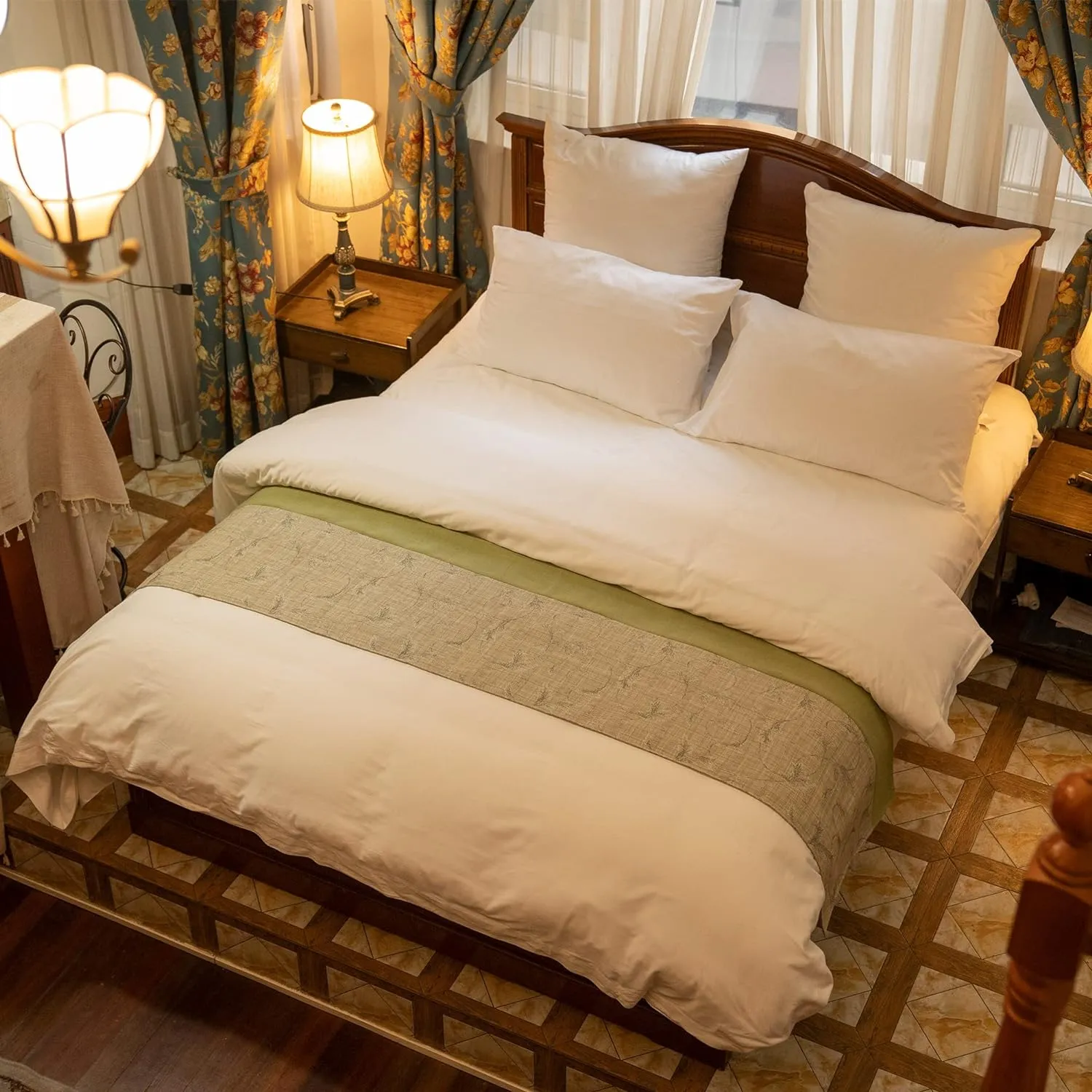 NEW OSVINO Natural Modern Linen Bed End Scarf Runner Protector No Fading Soft, Green Fits All Size Beds, Retails $49 