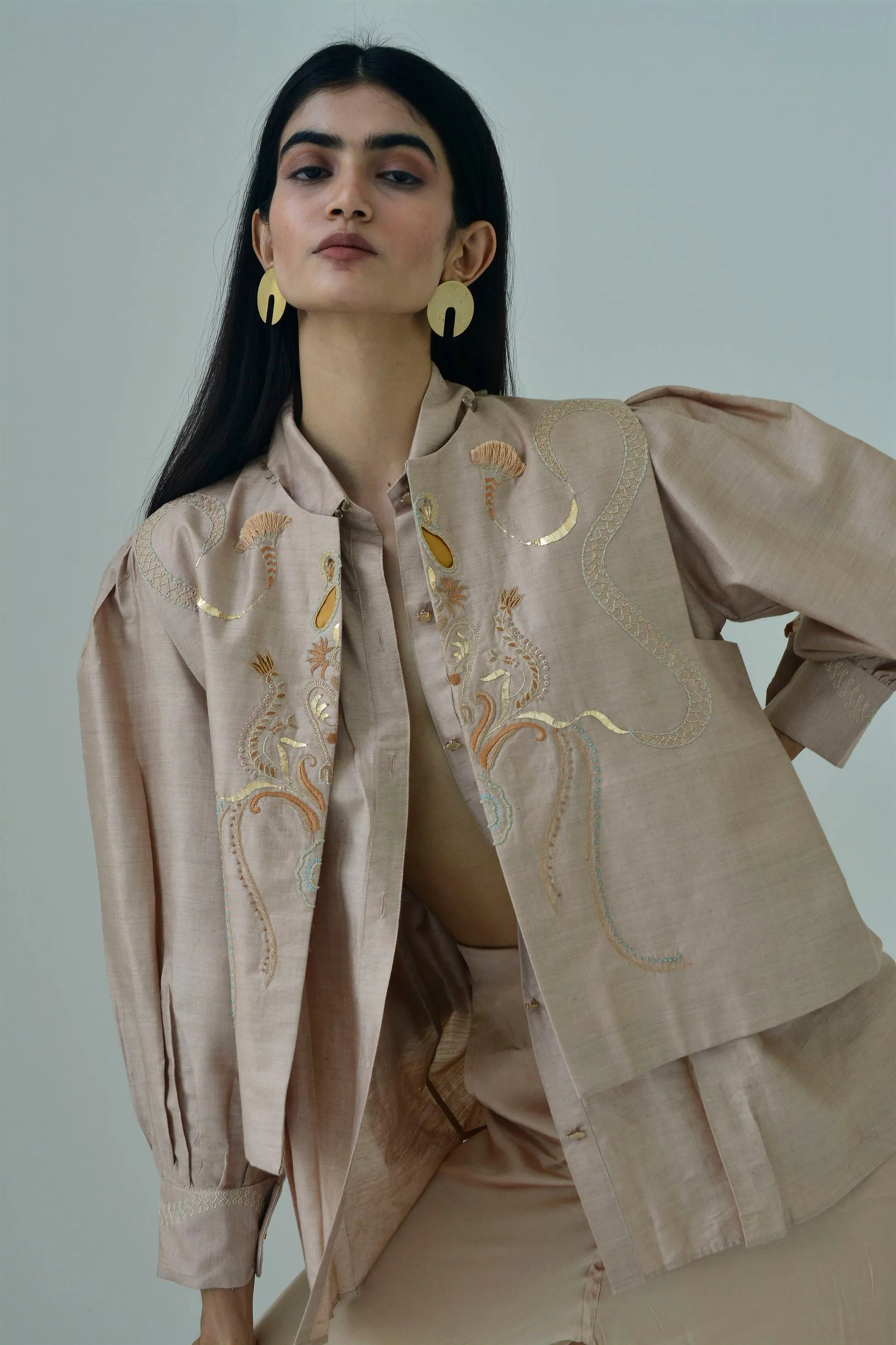 New Season Summer to Fall 2024-Jacket Embroidered Silk Off White-CR/TS/061-Suzanne-Fashion Edit Hemji