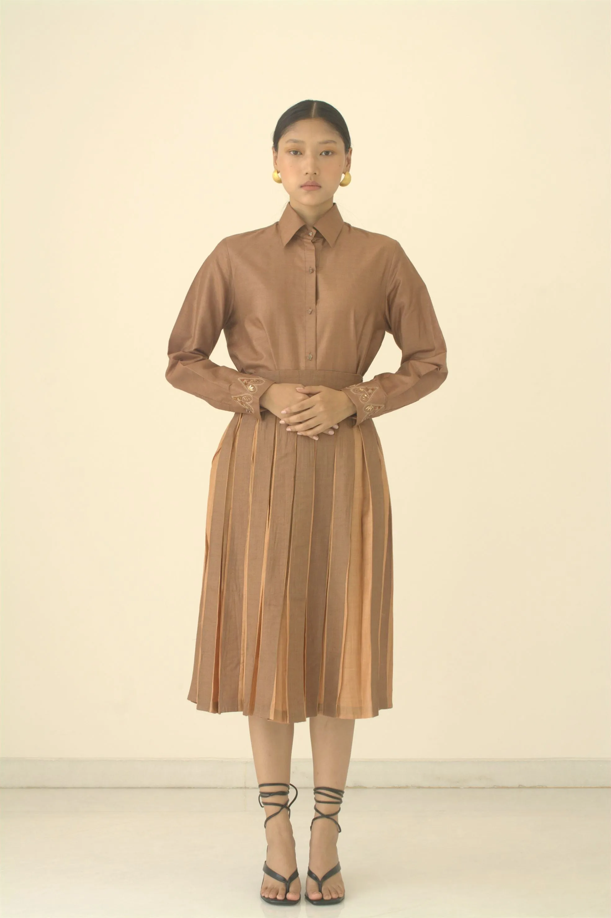 New Season Summer to Fall 2024-Shirt Embellished Organza Silk Brown-BR/TS/030-Suzanne-Fashion Edit Hemji