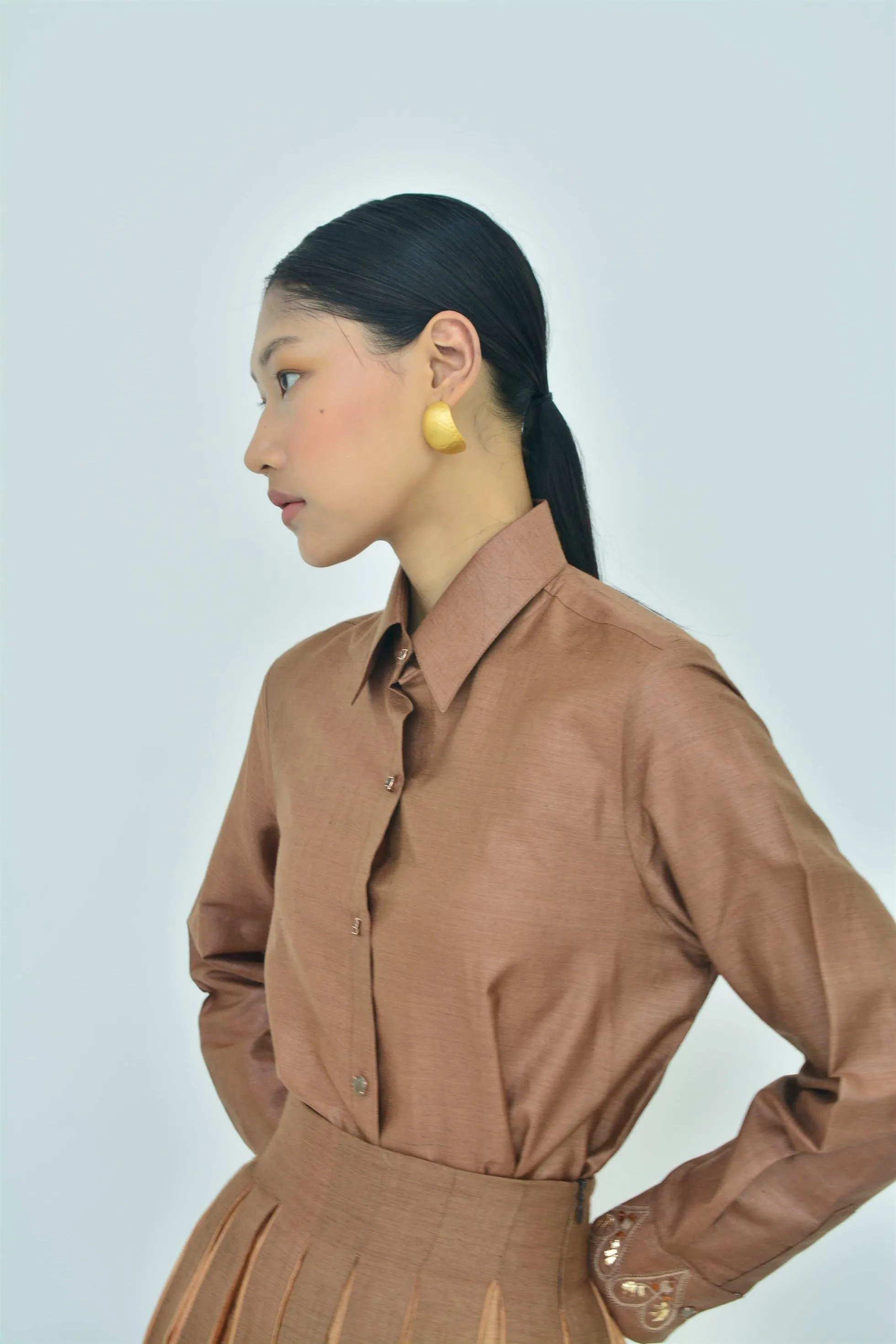 New Season Summer to Fall 2024-Shirt Embellished Organza Silk Brown-BR/TS/030-Suzanne-Fashion Edit Hemji