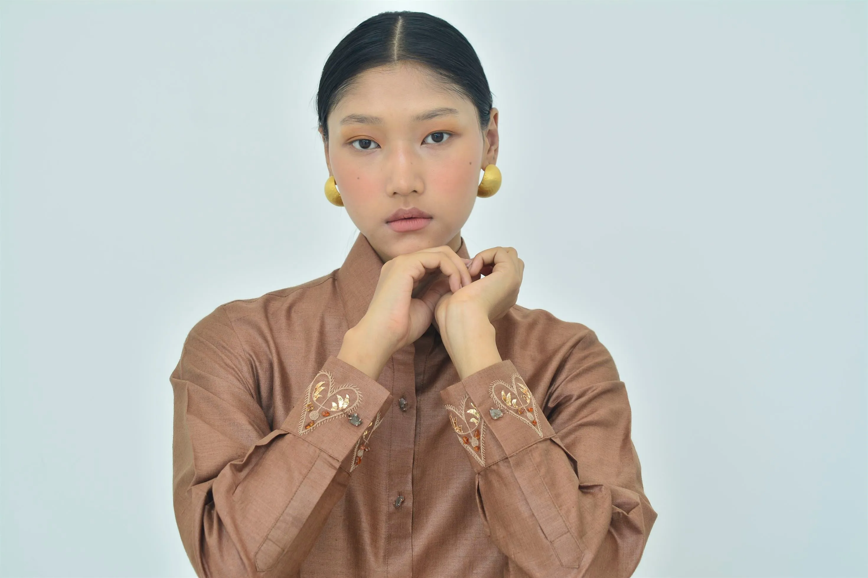 New Season Summer to Fall 2024-Shirt Embellished Organza Silk Brown-BR/TS/030-Suzanne-Fashion Edit Hemji