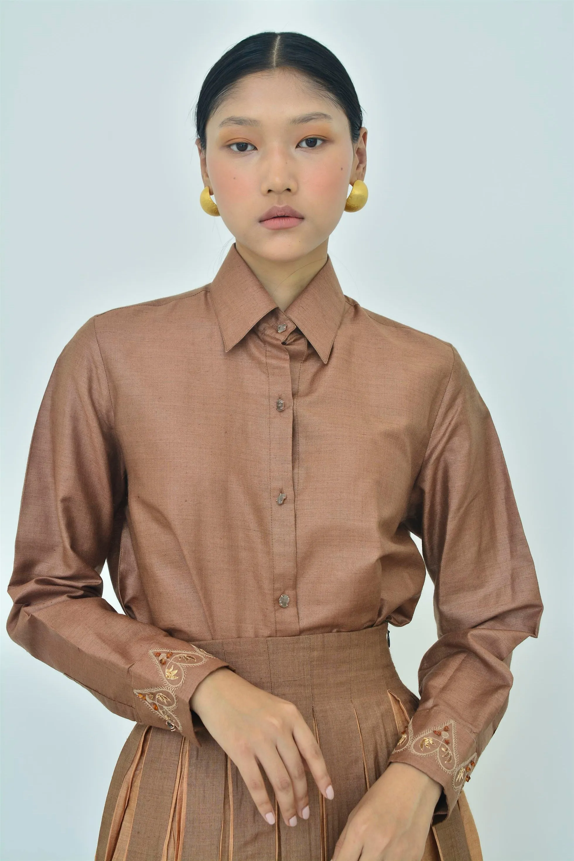 New Season Summer to Fall 2024-Shirt Embellished Organza Silk Brown-BR/TS/030-Suzanne-Fashion Edit Hemji