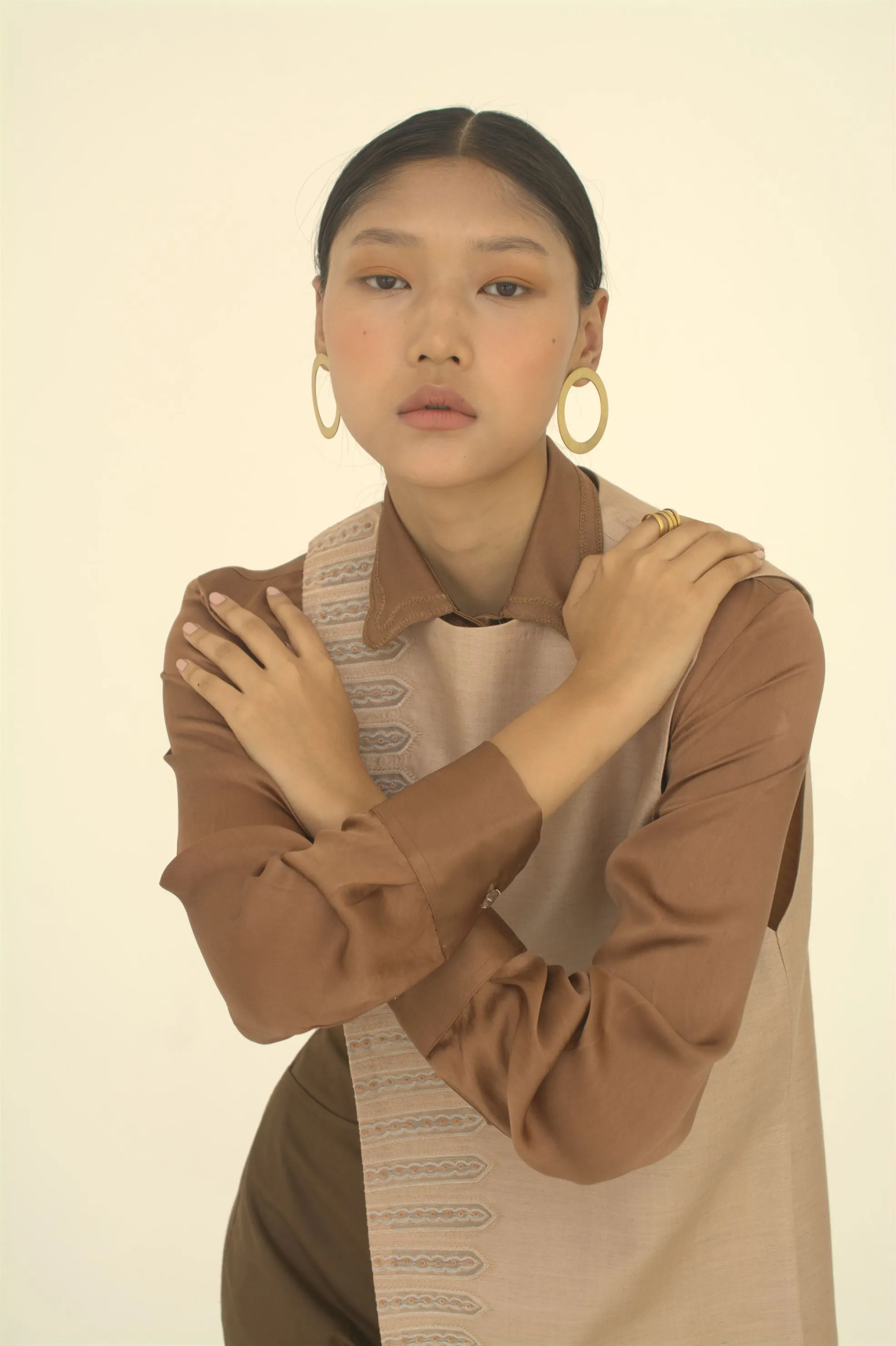 New Season Summer to Fall 2024-Shirt Embroidered Cuffs Silk Brown-TB/S/037-Suzanne-Fashion Edit Hemji